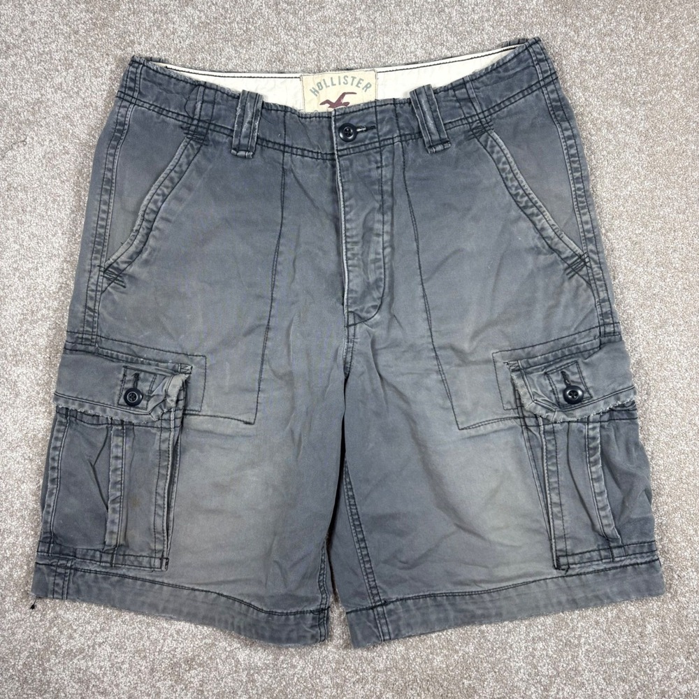 Hollister Mens Heavy Gray Cargo Shorts Size 33 Faded Distressed Cotton 10 Inseam